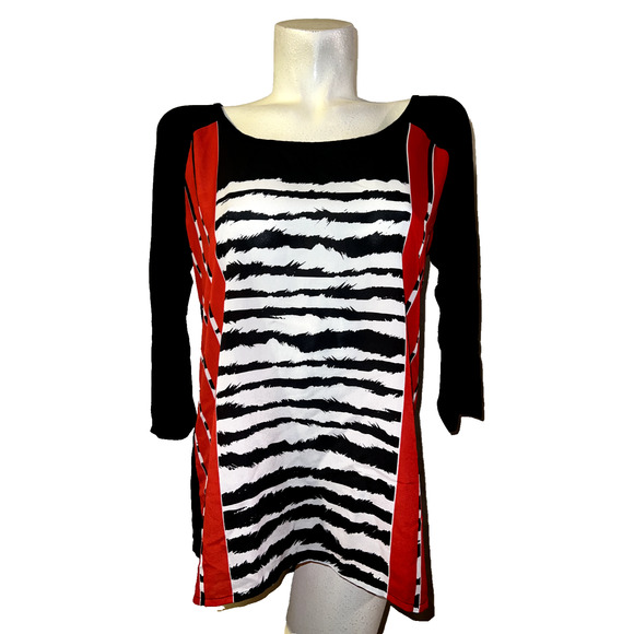 AUGUST SILK Top Women's Size L Red Black Abstract Print Front & Knit Back Shirt - Picture 1 of 6
